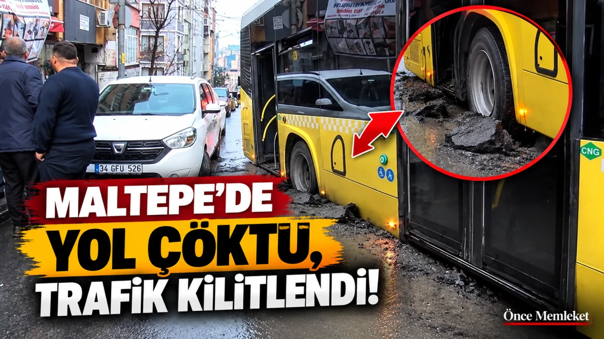 Maltepe'de asfalt &ccedil;&ouml;kt&uuml;, İETT otob&uuml;s&uuml; &ccedil;ukura saplandı!